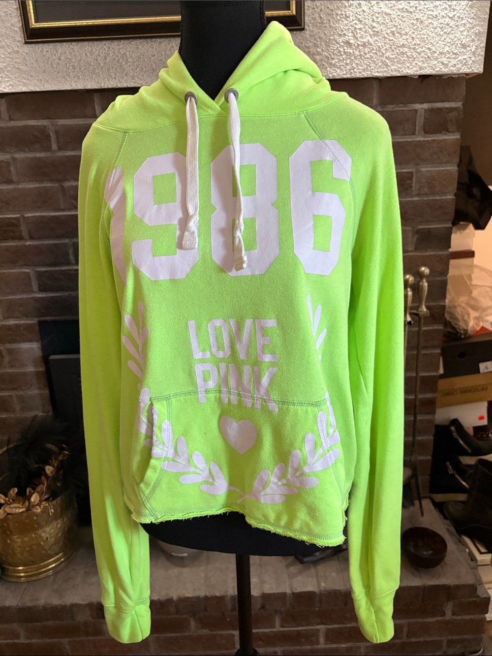 PINK Victoria's Secret Neon Lime Crewneck Hoodie with White Graphics